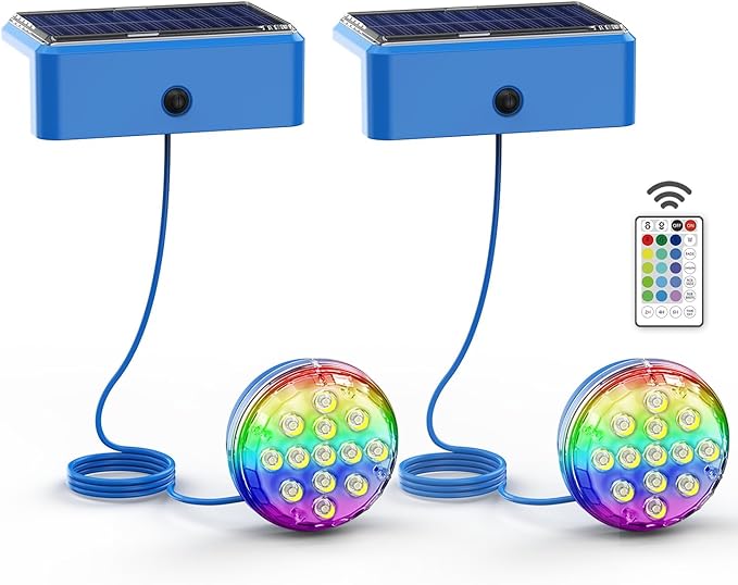 H2GLO Solar Pool Lights, Solar Powered Submersible LED Lights with Remote. 16 Colors (Blue, 2 Pack)