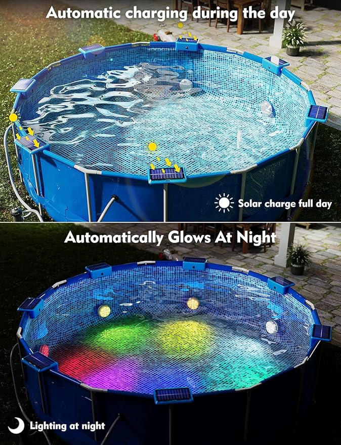 H2GLO Solar Pool Lights, Solar Powered Submersible LED Lights with Remote. 16 Colors (Blue, 2 Pack)
