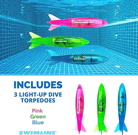 H2GLO Swimline 3-Pack LED Light-Up Torpedo Turbos – Dive, Glow & Catch the Fun! (3-Pack)